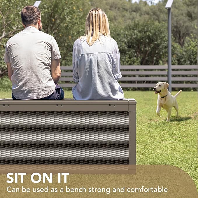 Devoko 100 Gallon Waterproof Large Resin Deck Box Indoor Outdoor Lockable Storage Container for Patio Furniture Cushions Garden Tools (100 Gallon, Light Brown)