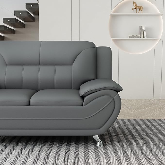 Container Furniture Direct Michael Modern Faux Leather Upholstered Stainless Steel Legs Living Room Loveseat, Gray