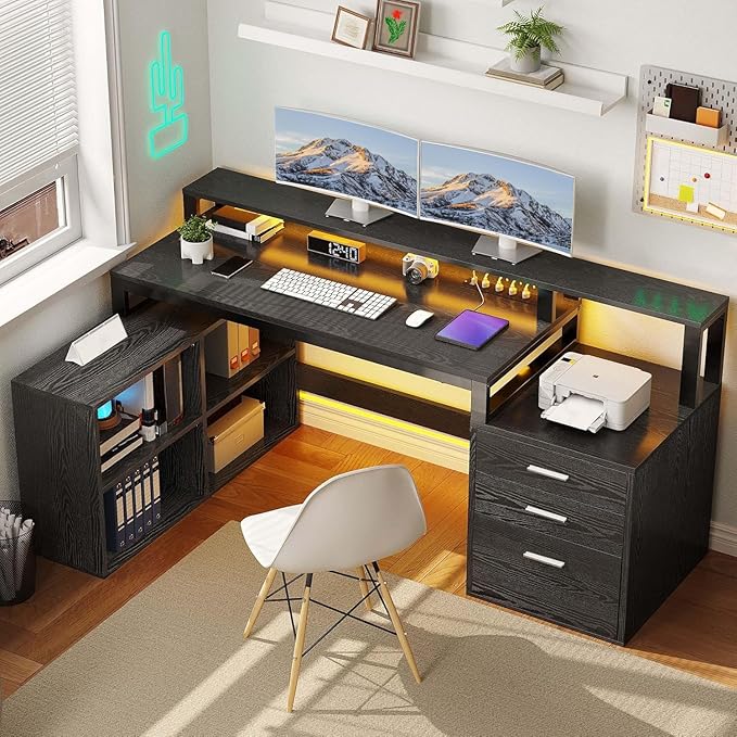 DWVO L Shaped Desk with Drawers, 65" Computer Desk with Power Outlets & LED Lights, Corner Home Office Desk with Storage Shelves & Printer Stand, Black