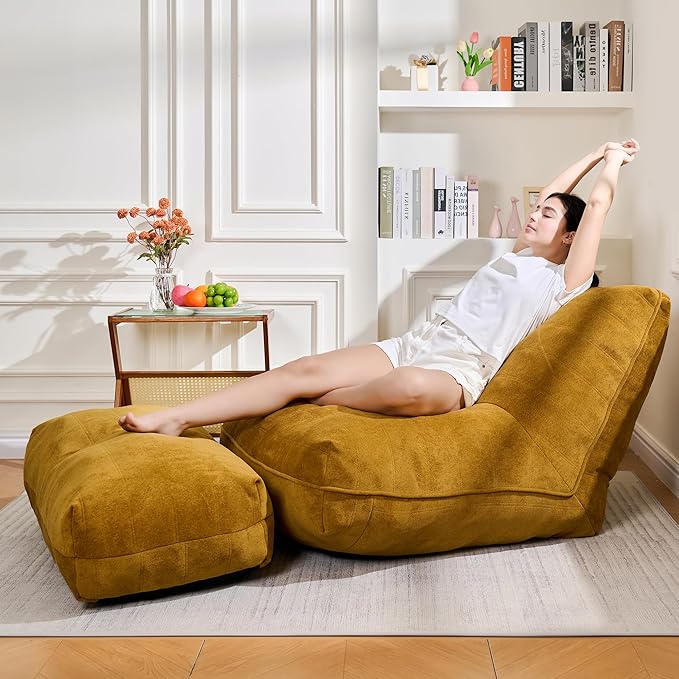 Bean Bag Chair with Ottoman, Comfy Bean Bag Sofa with Memory Foam, Lazy BeanBag Sofa with Footstool, Fireside Bean Bag Couch for Living Room, Bedroom, Apartment (Yellow)