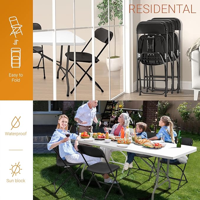 VINGLI 5 Pack Black Plastic Folding Chair, Indoor Outdoor Portable Stackable Commercial Seat with Steel Frame 350lb. Capacity for Events Office Wedding Party Picnic Kitchen Dining