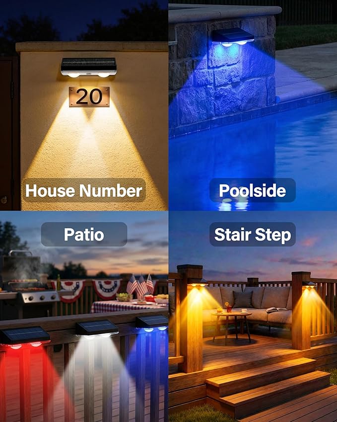 Solar Fence Lights Outdoor, 2 Pack Ultra-Bright 85LM Fence Lights Solar Powered, 9 RGB Color Modes, IP65 Waterproof, 12H Dusk to Dawn Glow for Pool/Deck/Patio/Wall/Backyard - Black