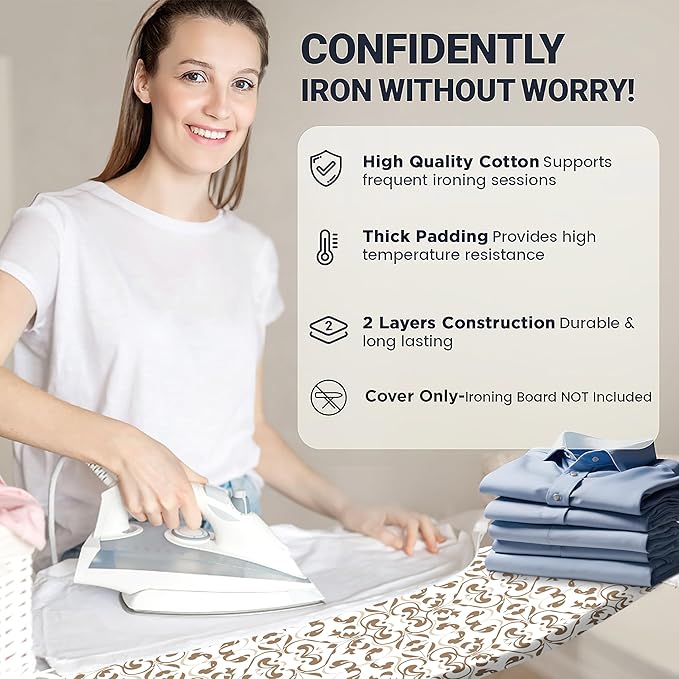 Ironing Board Cover and Pad 18"x54" Extra Thick Natural Cotton, Scorch & Stain