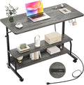 Height Adjustable Standing Desk with Power Outlets, 39" Manual Stand Up Desk with Storage Shelves Small Mobile Rolling Computer Desk Portable Laptop Table with Wheels for Home Office, Grey Oak