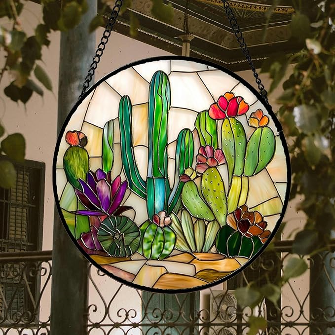 Stained Glass Window Hanging, White Green Cactus Suncatcher Diamond Glass Panel Hangings Sun Catchers Decor for Birthday for Women, Men, Wife, Aunt, and Mom 14.9x14.9 in