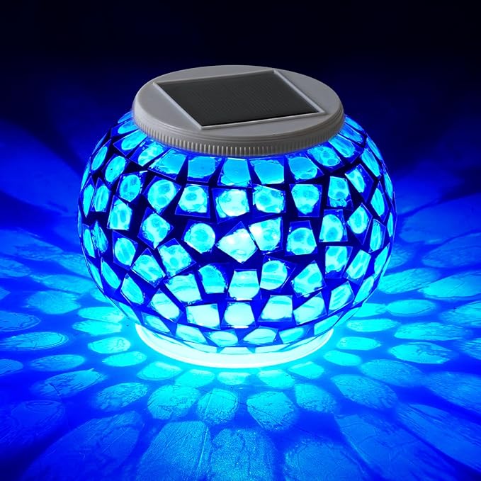 WSgift Color Changing Solar Powered Glass Mosaic Ball Led Garden Lights Rechargeable Outdoor Waterproof Solar Night Lights Table Lamps for Decorations Blue