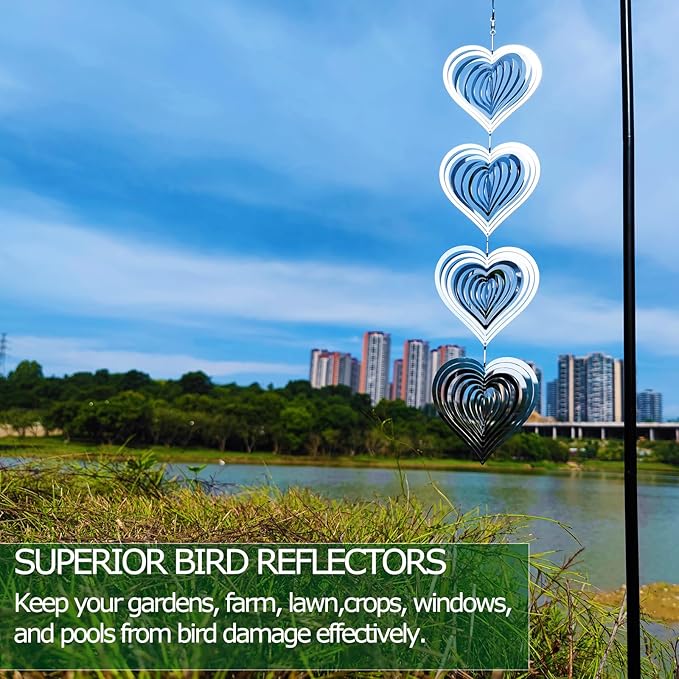 DJUAN Heart Bird Scare Discs Set-Highly Reflective Double-Sided Bird Reflectors,Extra Sparkly Metal Wind Spinner Outdoor Garden Decor, Bird Devices Deterrent to Scare Birds Away from Yard Patio Farm