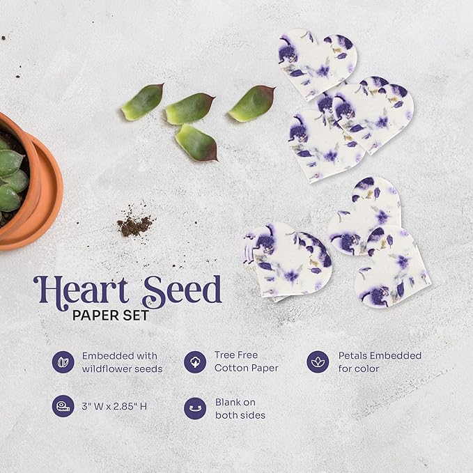 Wildflower Seed Paper - Set of 24 Purple Heart-Shaped with Envelopes and Planting Instruction, Writable & Plantable Gift for Mom and Plant Lovers, Ideal for Wedding, Memorials, Baby Showers