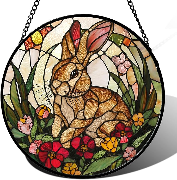 Stained Glass Window Hanging, Cute Bunny Flowers Sun Catcher for Window Door Home Decor, Rabbit Suncatcher Christmas Mother's Day Birthday Gifts for Women Men Mom and Nana 9.8 in