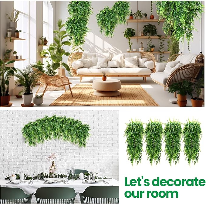 Geosar 42 Pcs Artificial Hanging Plants 32 Inch Hanging Boston Ferns Plastic Fake Plants for Wall Room Garden Wedding Garland Indoor Outdoor Decoration, No Basket