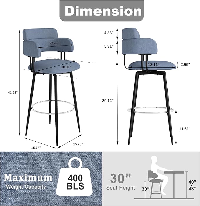 Swivel Bar Stools Set of 2, Counter Height Bar Stools with Ergonomic Full Back, Upholstered Linen Fabric Barstools with Chrome Metal Footrest for Kitchen Island, Dining Room