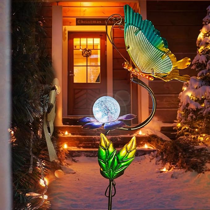 HONGLAND Solar Butterfly Garden Lights, Outdoor Lights Garden Decor for Outside, Flower Yard Decorations, Metal Yard Art for Patio Decor, Gifts for Mom