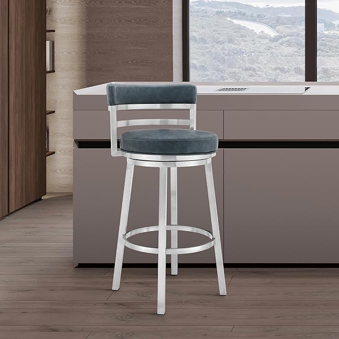 Armen Living Titana 26" Counter Height Swivel Blue Faux Leather and Brushed Stainless Steel Bar Stool