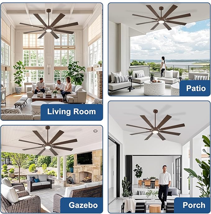 Large Ceiling Fans with Lights: Modern 72 Inch 8 Blade Outdoor Ceiling Fan with Remote APP Control - Dimmable Big Fan light Indoor Reversible 6 Speed Quiet DC Motor