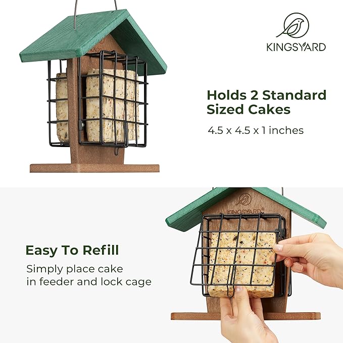 Kingsyard Recycled Plastic Double Suet Feeder with Rainproof Roof & Perch, Cage Suet Bird Feeders for Outdoors Hanging, Great for Woodpecker, Chickadee, Nuthatch (Green)