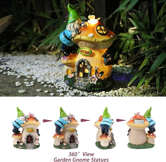 Garden Gnome Statue - Solar Powered Gnome Lights Decoration Outdoor Figurines for Yard with Gnome Building Mushroom House, Lawn Ornaments for Porch Balcony Patio Decor, Gifts for Mom Grandma