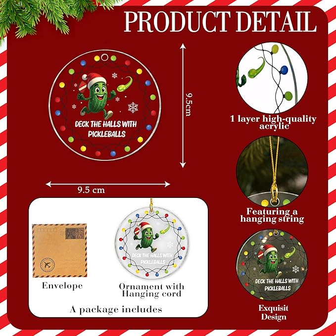 Pickleball Ornament 2025 - Acrylic Pickleball Ornaments For Christmas Tree Decoration - Funny Pickle Ball Gifts For Woman, Men, Player, Coaches, Sport Lovers - Sports Ornaments Christmas Hanging Decor