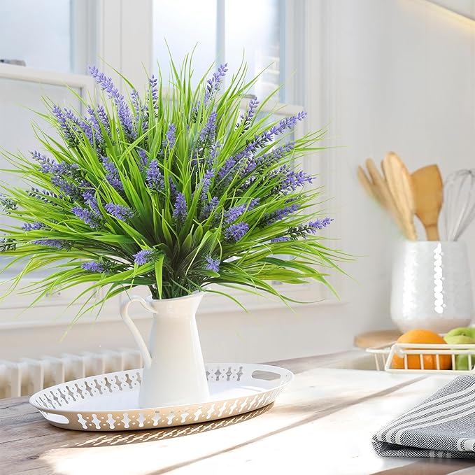 Sggvecsy 24 Bundles Artificial Plants Outdoor Faux Lavender Flowers Fake Monkey Grass UV Resistant Plastic Greenery Plants for Garden Home Porch Window Patio Hanging Planter Indoor Decor (Purple)
