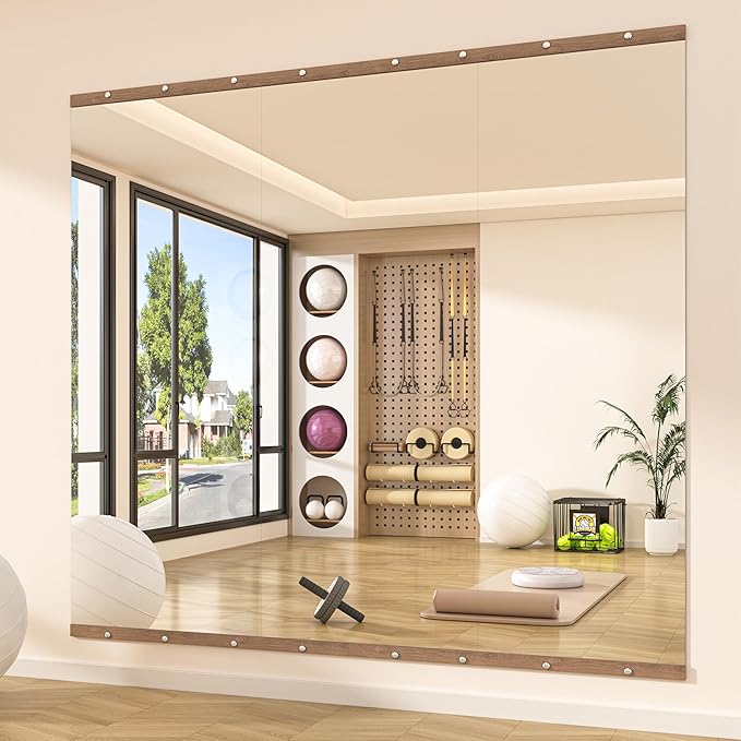 Hasipu 3Pcs 55''x20'' Home Gym Mirror Large Full Length Wall Mounted Full Body Mirror for Yoga Dance Fitness Exercise Studio Bedroom Garage, Frameless Tempered Glass Workout Mirrors Walnut Rectangular