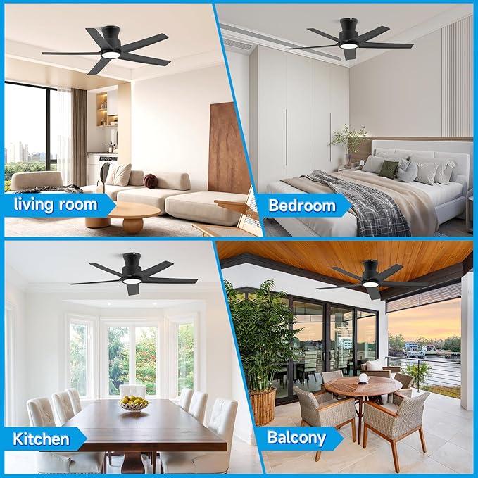 ocioc 44 Inch Ceiling Fans with Lights, Large Air Volume Ceiling Fan with Nightlight, Ultra Quiet Reversible DC Motor with Remote（Black）