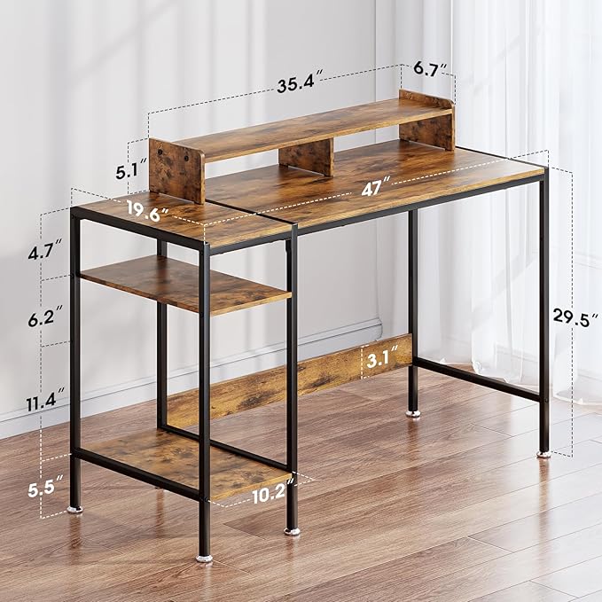 Computer Desk Gaming Desk with Monitor Stand, Home Office Desk Suitable for 2 Monitors, Writing Desk with Adjustable Storage Space,Sturdy and Durable Modern Small Desk (Vintage, 47inchs)