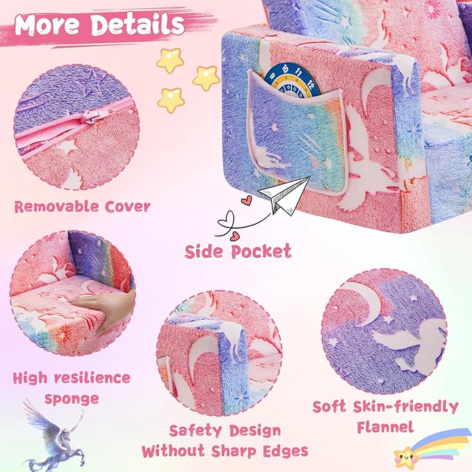 Toddler Chair Comfy,2-in-1 Soft Toddler Couch Fold Out for Kids,Convertible Sofa to Lounger,Gift for Girls and Boys Birthday,Elf,Medium