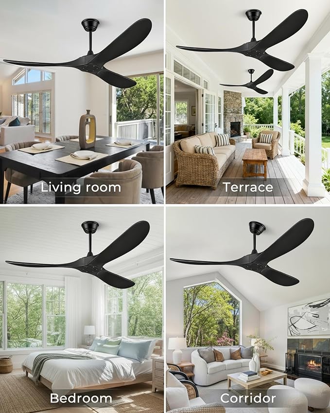 52" Ceiling Fans Without Lights, Solid Wood Ceiling Fan with Remote Control and DC Motor, Ceiling Fan no Light with 3 Blades, Indoor Outdoor Ceiling Fans for Patios, Bedroom- Matte Black