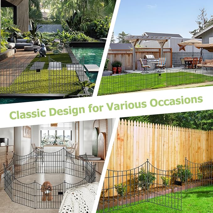 10 Panels Garden Fence Dog Fence Outdoor for Yard, 24in H x 20ft L Rustproof Metal Fencing with Ground Stakes | No Dig Animal Proof Containment for Pets/Rabbits | Durable Patio Security Panels