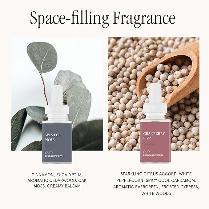 Pura - Smart Home Fragrance Device Starter Set - Pura 4 - Scent Diffuser for Home - Includes Fragrance Aroma Diffuser - Square Box, Winter Noir and Cranberry Fizz Scent Refills