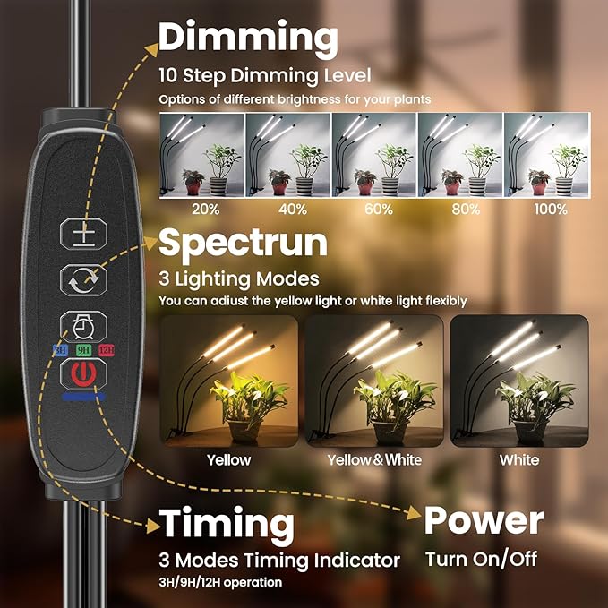 bseah Plant Light Grow Light for Indoor Plants 2 Pack, Full Spectrum Indoor Grow Lamp, 10-Level Dimmable and Auto ON & Off Timer