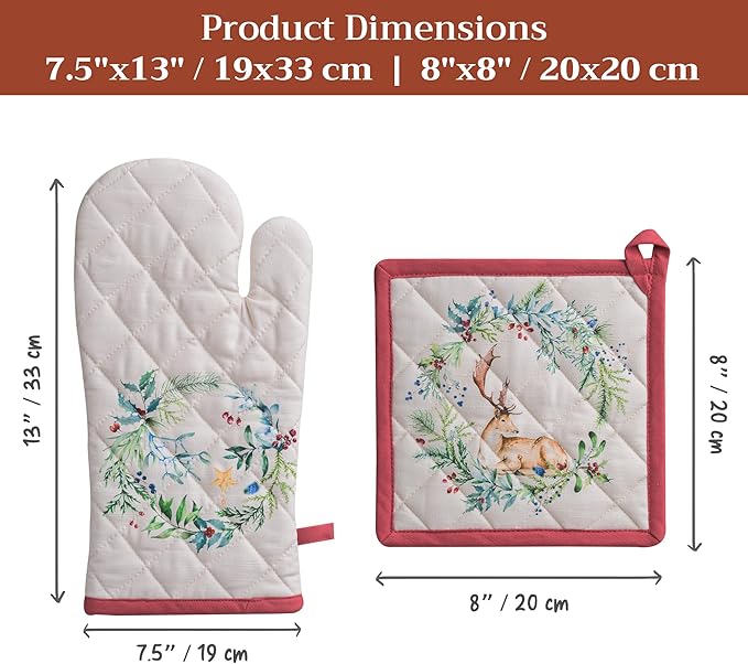 Maison d' Hermine 100% Cotton Oven Mitt & Pot Holder Set (7.5"x13" & 8"x8") Heat Resistant BBQ Cooking Gloves with Loop for Thanksgiving Christmas Decorations Handling Hot Pans (Holly Time)