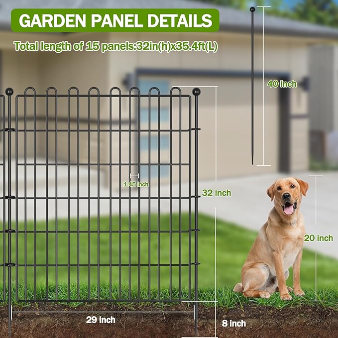 15 Panels No Dig Decorative Garden Fence with Gate for Yard, 32 in(H) X 35.4 ft(L) Animal Barrier Fencing for Outdoor Dog, Metal Portable Garden Fences for Borders, Pets, Landscape, Temporary Fence