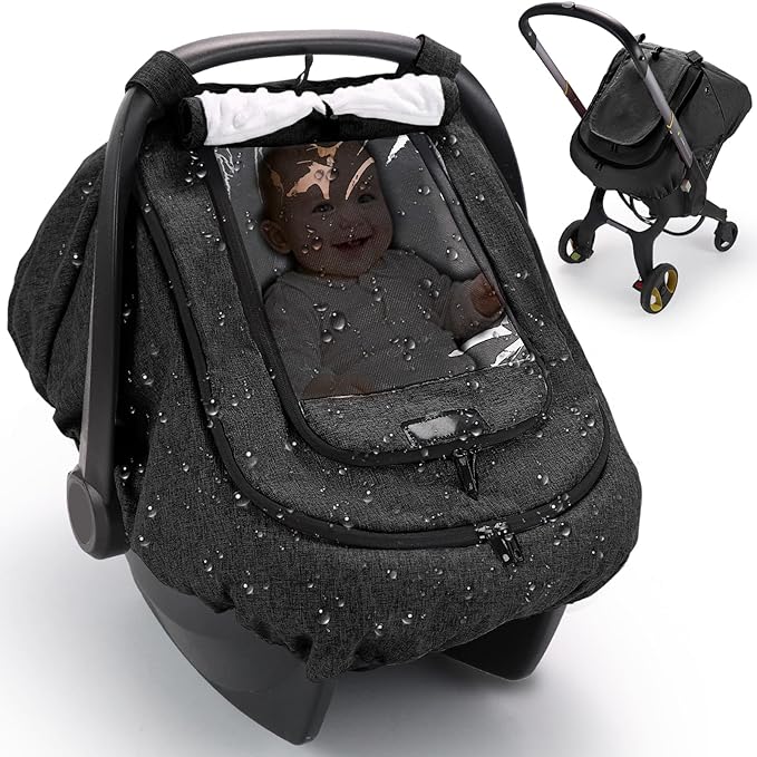 TinlyFinly Waterproof Car Seat Cover for Baby, 2-Layer Car Seat Rain Cover with Clear Window & Sunshade & Mesh Cover, Universal Infant Carseat Canopy for Stroller, Protect from Rain and Snow - Black