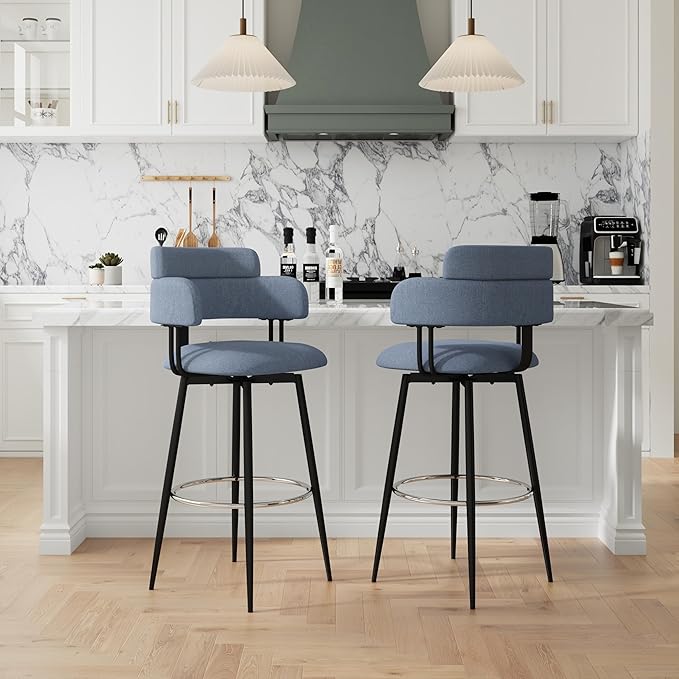Swivel Bar Stools Set of 2, Counter Height Bar Stools with Ergonomic Full Back, Upholstered Linen Fabric Barstools with Chrome Metal Footrest for Kitchen Island, Dining Room