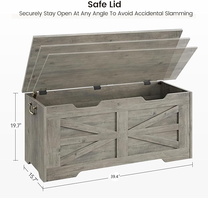 GarveeHome 39.4" Storage Chest, Toy Chest With Lids, Entryway Storage Bench with Safety Hinge, Wooden Storage Trunk, Supports 350 Lb, for Living Room, Bedroom,Gray