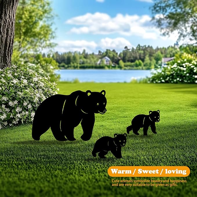 3 Pack Bear Metal Garden Decorative Stakes, Weather Proof Silhouette Statues for Yard, Patio,Outdoor Decor for Bear Lovers and Pet Owners