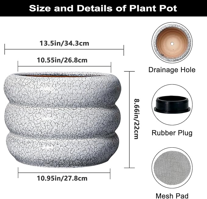 SQOWL Ceramic Plant Pots - 13.5 Inch Ceramic Planter with Drainage Hole, Large Round Planter for Indoor Plants, Modern Flower Pots Outdoor, Office Living Room Decor, Birthday Gifts, Black and White
