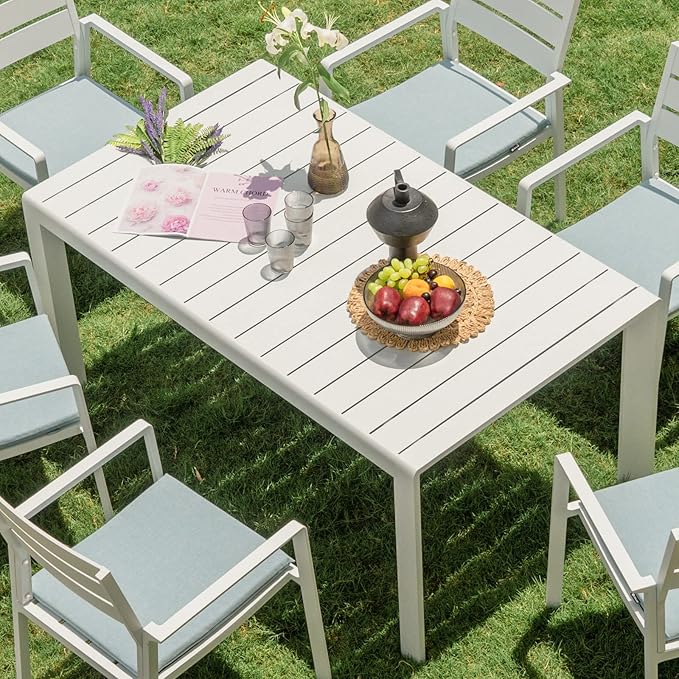 Outdoor Dining Table for 6, 60"x35" Patio Rectangular Dining Tables Powder-Coated Aluminum Table Top Heavy Duty Patio Furniture for Garden,White Frame