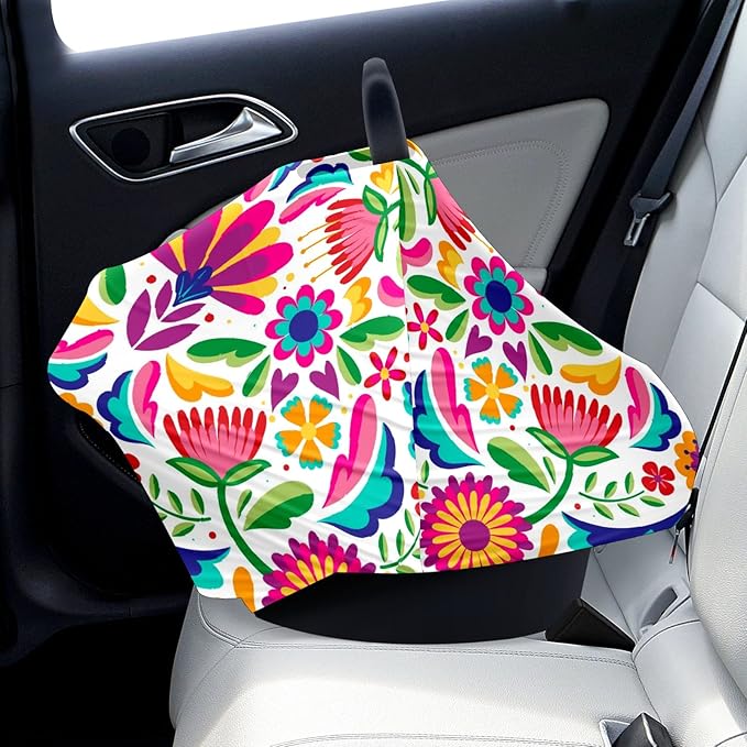 Baby Car Seat Stroller Covers Spring Mexican Flower Leaf Nursing Cover Breastfeeding Scarf Soft Breathable Stretchy Infant Car Canopy Coverage Carseat Cover for Boys and Girls Multi Use