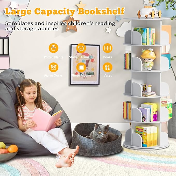 5 Tier Rotating Bookshelf Tower, 360 Display Wood Spinning Bookshelf Tower Revolving Bookcase, 360 Book Shelf Storage Round Carousel, Vertical Rotate Turning Spiral Corner Organizer for Bedroom, White