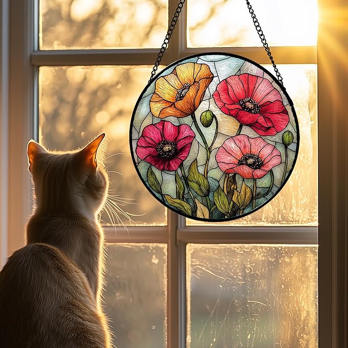 Stained Glass Suncatcher, Red Orange Poppy Flowers Sun Catcher Silver Background Wildflowers Window Hanging Decor Christmas Mother Birthday Gifts for Women Men Mom Nana 9.8 in