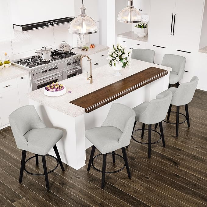 Counter Height Swivel Bar Stools Set of 6, 26 Inch Bar Stools with Footrest, Linen Fabric Upholstered Barstools with Back and Solid Wood Legs for Kitchen Island, Dining Room,Pub,White