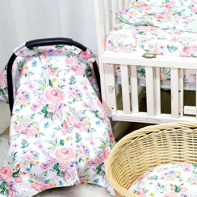 Baby Car Seat Cover, Peekaboo Opening Spring Car Seat Canopy for Baby Girls Boys, Mom Nursing Breastfeeding Covers, Blanket for Infant, Pink Watercolor Flower
