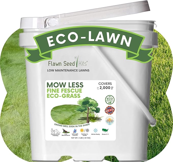 Flawn Seed Kits Mow Less Fine Fescue Eco-Grass Seed, 4 Lbs, Low Maintenance Lawn, Resealable Pail with Handle, Covers up to 2000 Sqft