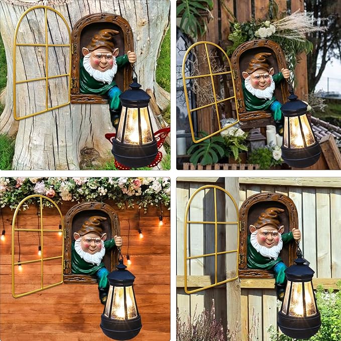 Fairy Garden Garden Gnomes with Solar Lantern Lights - Whimsical Elf Out The Window Yard Decorations Outdoor Tree Hugger Statues, Tree Face Sculpture, Ideal Gnomes Gifts for Patio, Fence, Wall