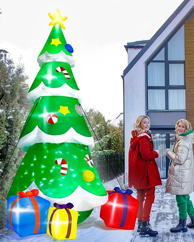 12FT Christmas Tree Inflatables, Giant Blow Up Christmas Tree with Boxes, Lighted Up Xmas Inflatables with Rotating Snowflake Lights for Xmas