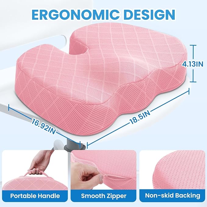TushGuard Office/Car Seat Cushion, Non-Slip Sciatica & Back Coccyx Tailbone Pain Relief Chair Pad, Memory Foam Butt Pillow for Computer Desk, Wheelchair, Driving (Pink, XX-Large)