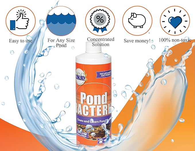 Pondworx Pond Bacteria - Concentrated & Formulated for Water Features - Safe for Koi - 16 Ounces & Treats up to 2,500 gallons of Water