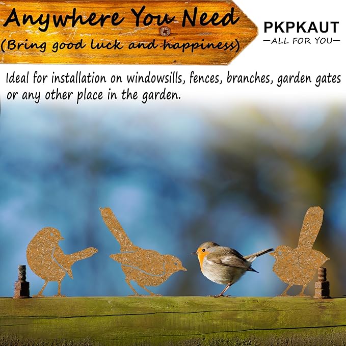 5Pcs Metal Birds Robin Fence Decorations Outdoor Yard Art, Rusty Birds Fence Art Outdoor and Garden, Metal Bird Silhouette Craft Statue Ornaments Fence Topper Decor