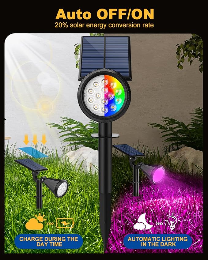 Solar Spot Lights Outdoor Color Changing, 7 Modes/14 LED Outdoor Solar Lights for Yard, Waterproof RGB Multicolor Solar Landscape Spotlights Auto On/Off for Flood, Yard, Tree, Pathway, 8 Pack